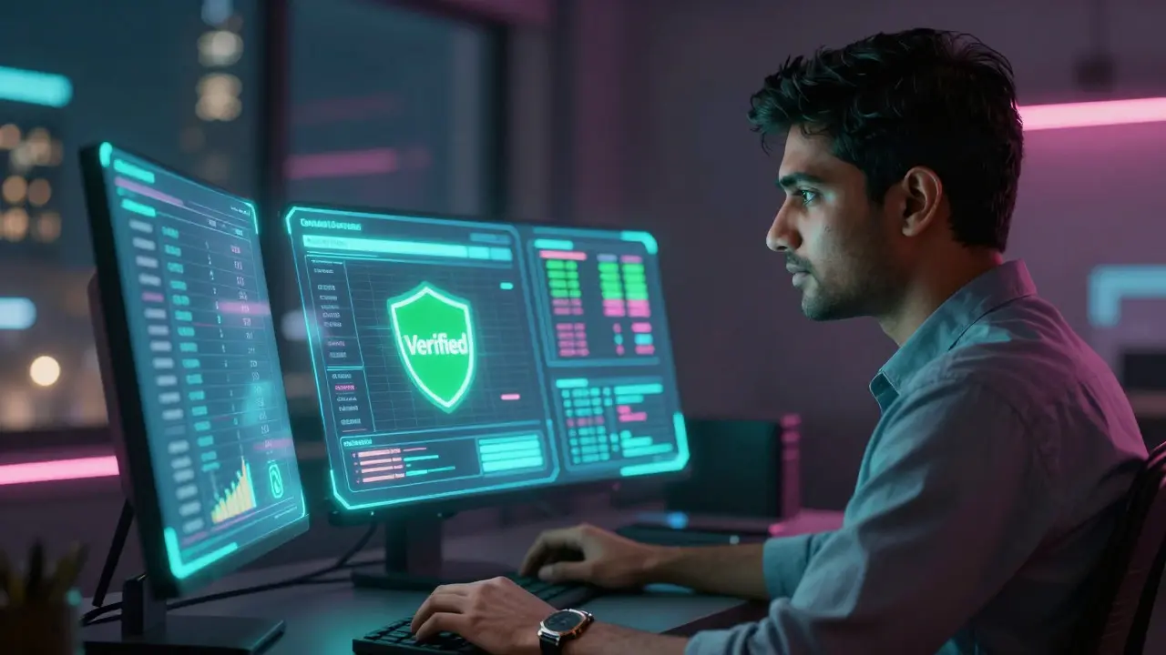 Trader analyzing holographic crypto charts and compliance shields in a dark room