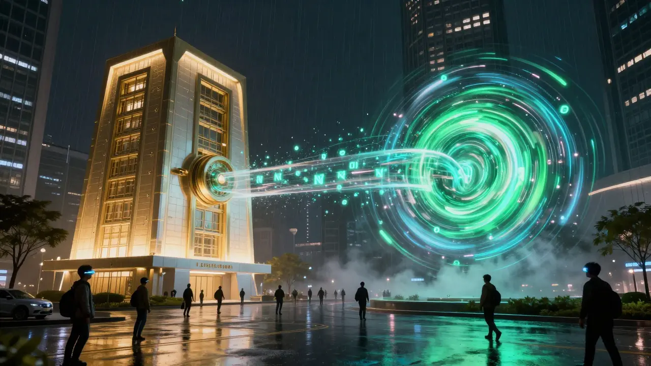 Two massive holographic towers exchanging glowing NFT particles in a rainy cyberpunk street