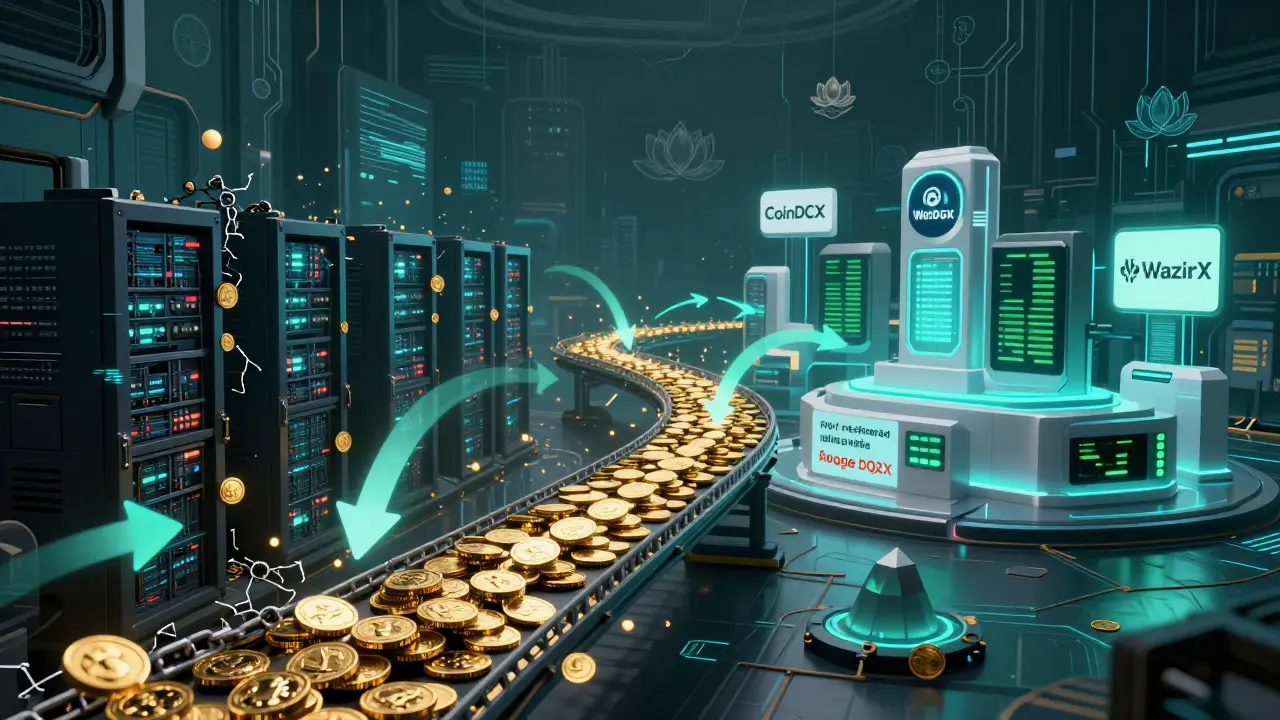 Visual migration from chaotic blocked exchanges to orderly compliant Indian platforms.