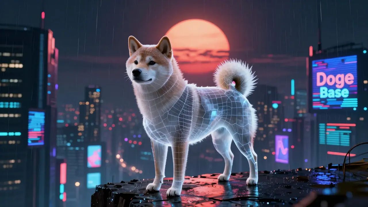 Wireframe Shiba Inu on a cliff overlooking a glitching digital city at night