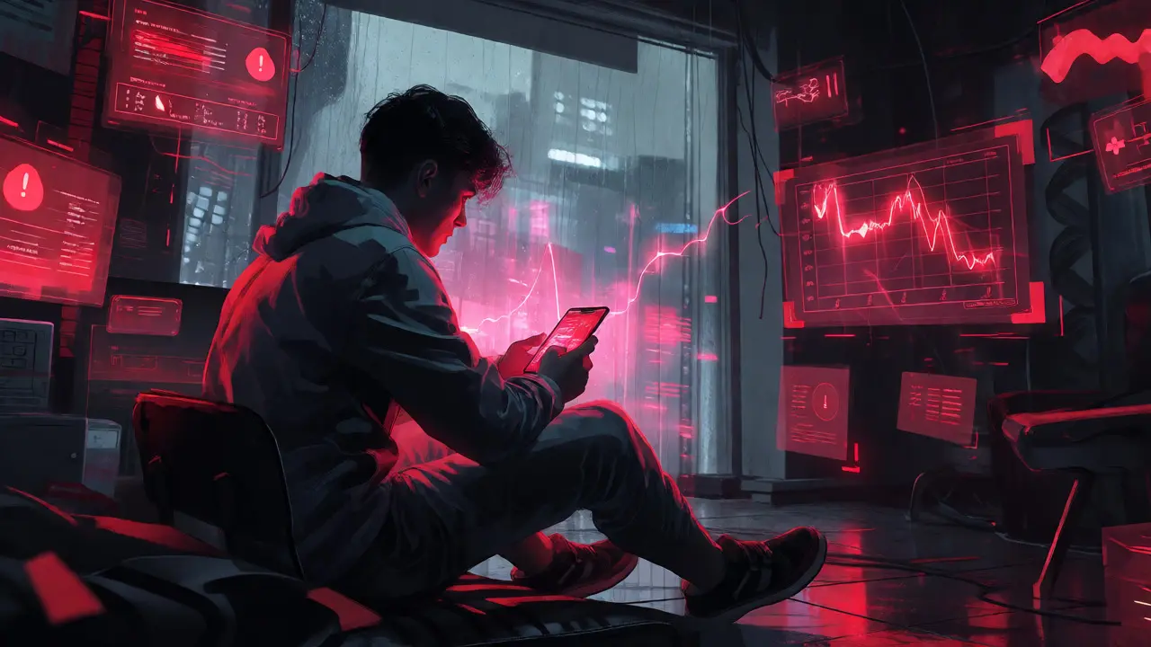 A gamer viewing a red, downward-trending light graph in a dark room.