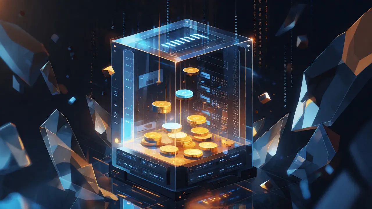 A glowing digital vault surrounded by floating data tokens and shards.