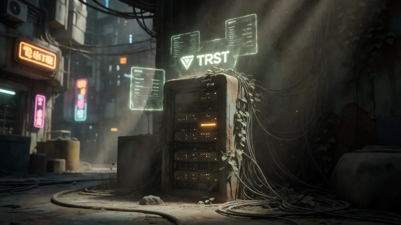 Abandoned digital shrine with fading holograms representing dormant TRST