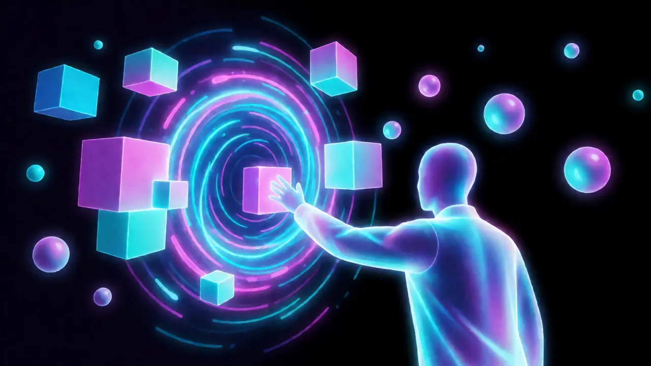Abstract cyberpunk art of liquidity pools and token rewards as glowing orbs.