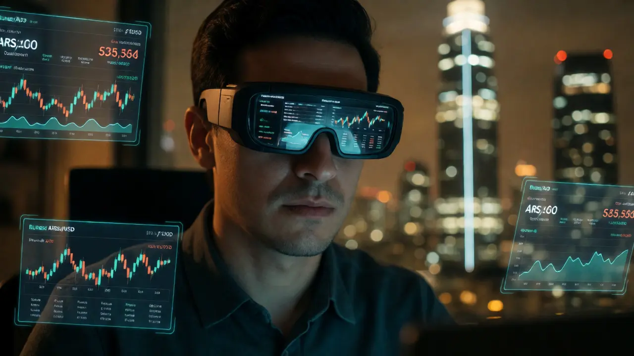 Argentine investor wearing AR glasses analyzing crypto portfolios and tax data in a high-tech office.