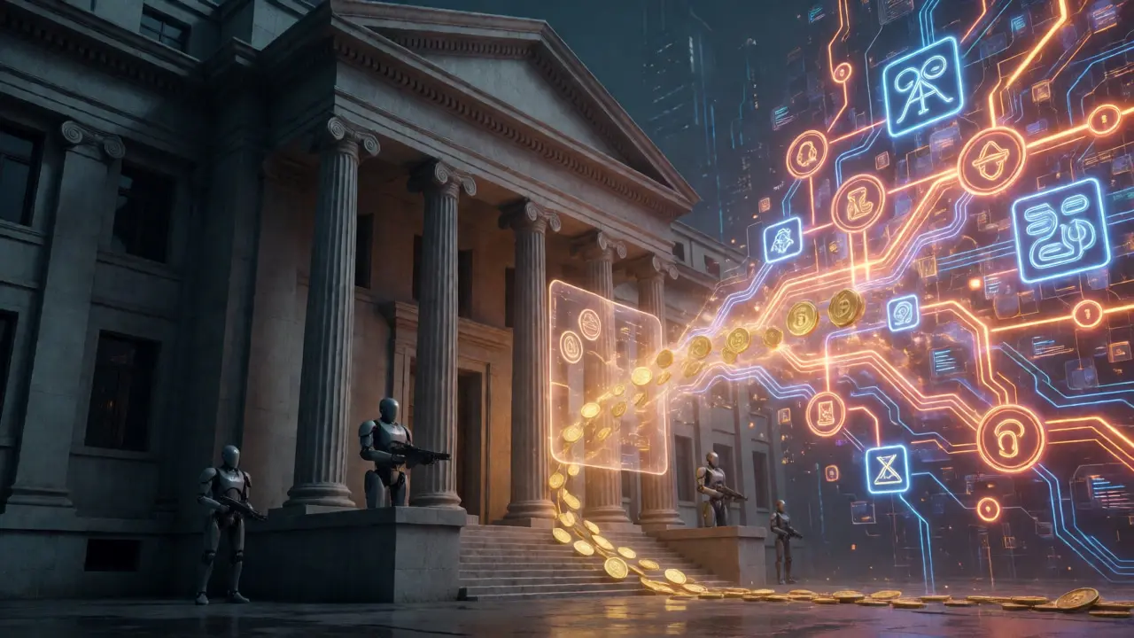 Conceptual cyberpunk art contrasting a traditional bank building with a vibrant decentralized crypto network.