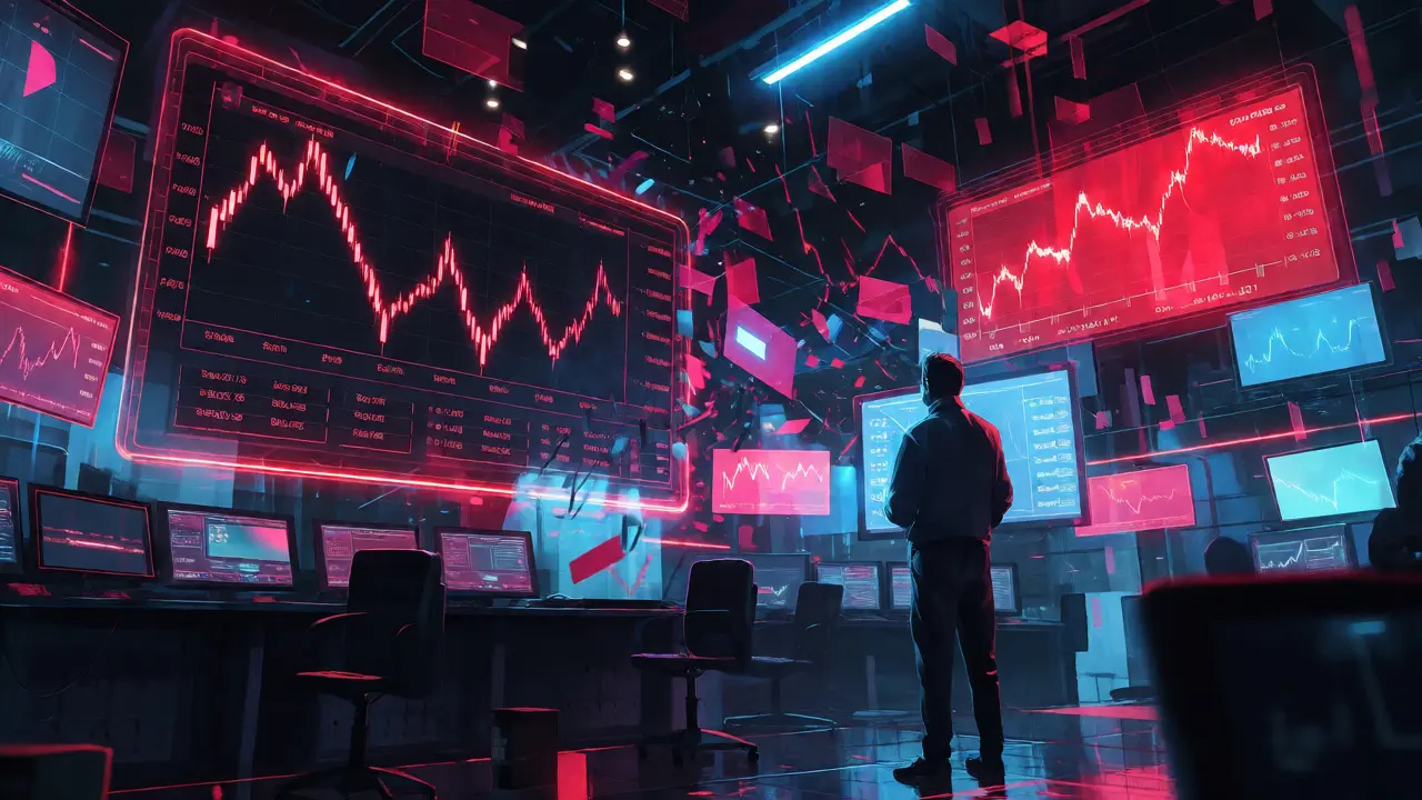 Conflicting holographic price charts for Adzcoin in a cyberpunk trading room