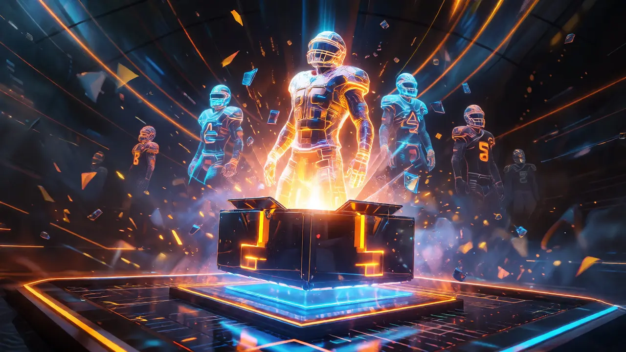 Cyberpunk mystery box opening revealing a light-based football avatar