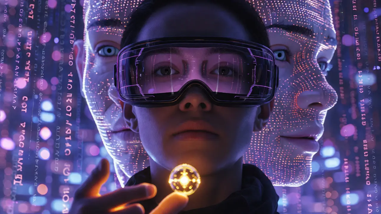 Cyberpunk scene of AI deepfakes manipulating crypto users via VR interface