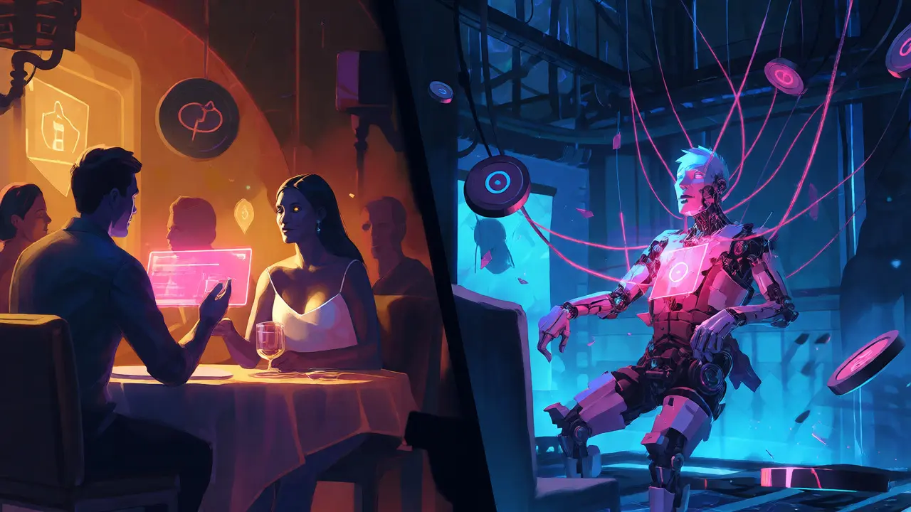 Digital art showing pig butchering scams revealing fake romantic connections