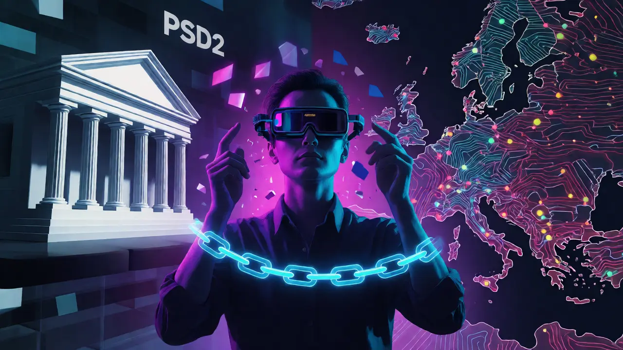 Figure bridging traditional banking and blockchain realms under AR overlay in cyberpunk Europe.