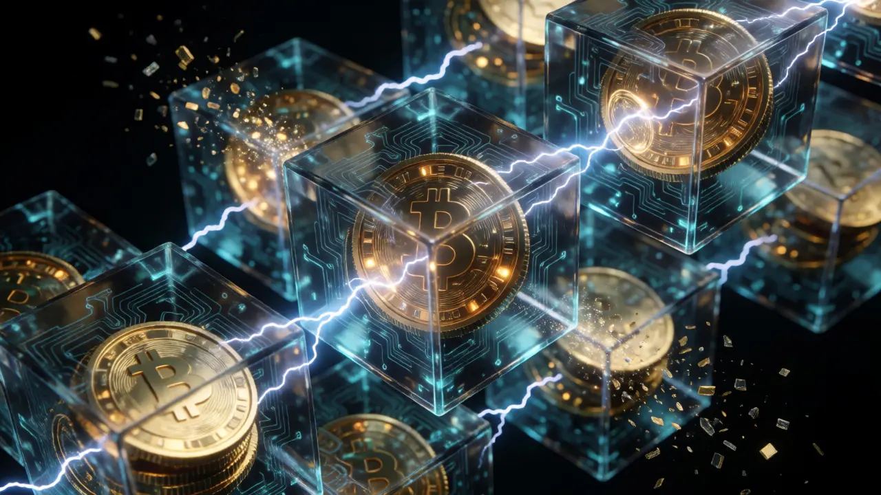 Floating translucent blockchain cubes with golden coins and electric connections
