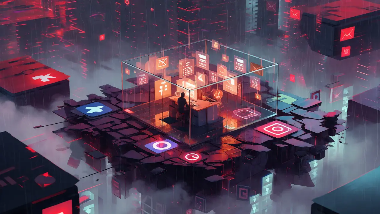 Glass house on glitching platforms with stable internal ownership lights.