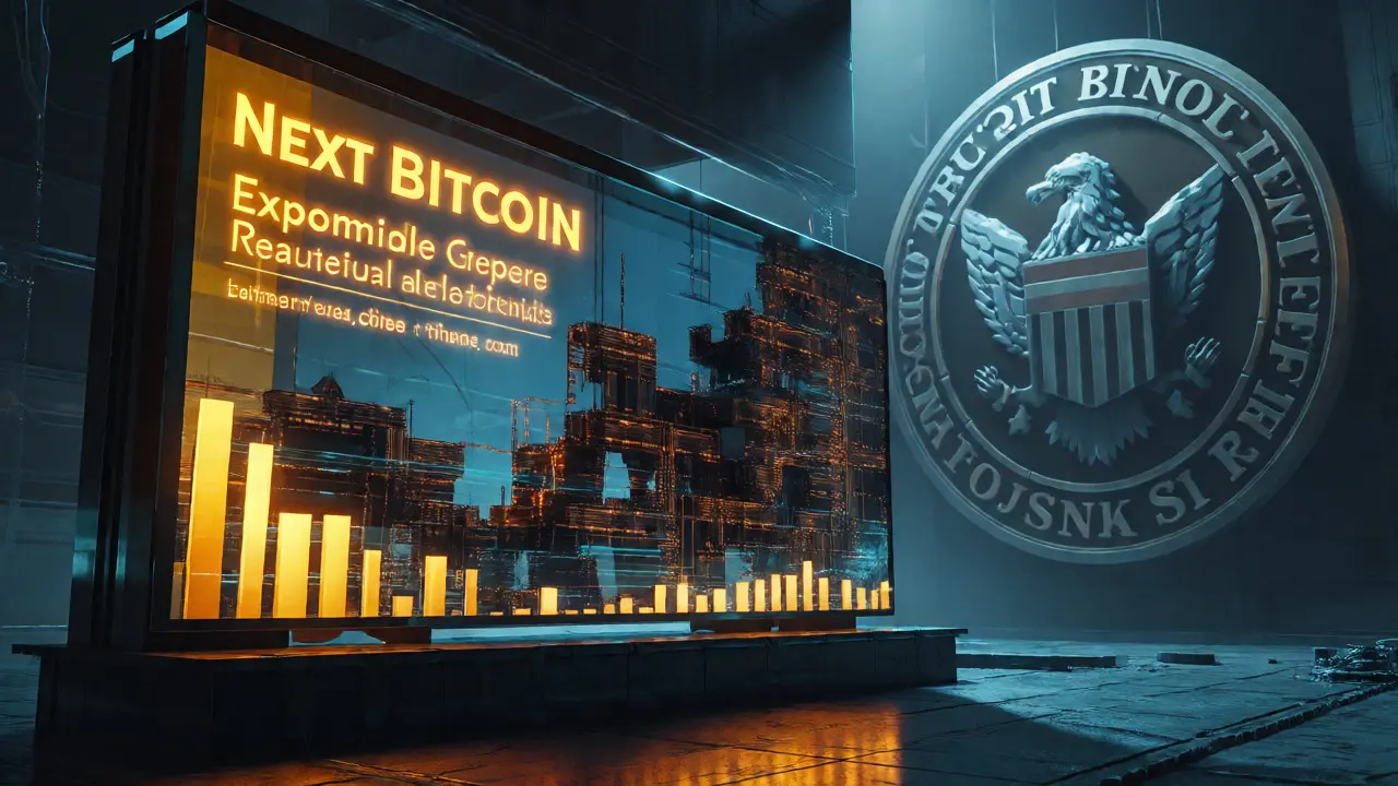 Glossy crypto ad reflecting a ruined network under a looming regulatory seal