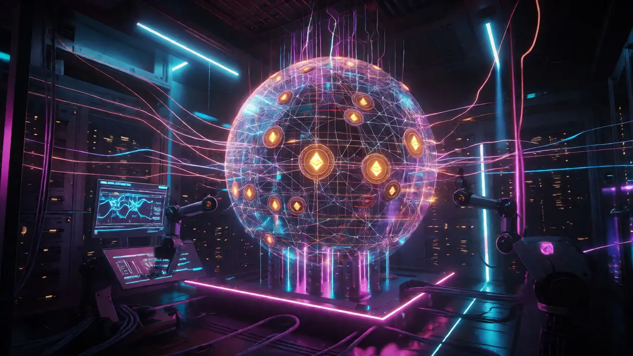 Glowing Ethereum network sphere in a futuristic dark server room