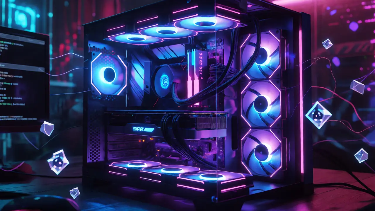 Glowing GPU mining rig with cyberpunk aesthetic