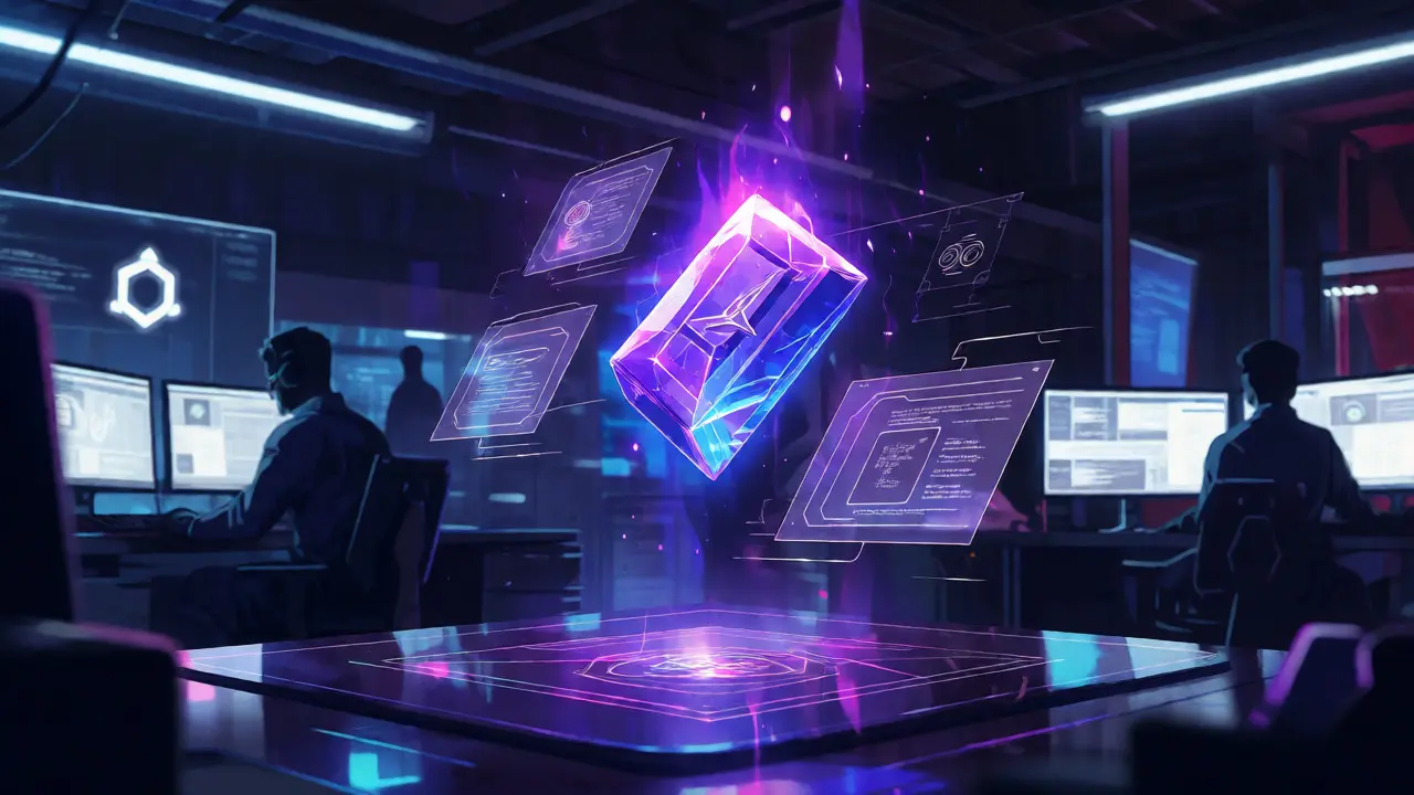 Glowing rare token in a high-tech lab with holographic game engine schematics