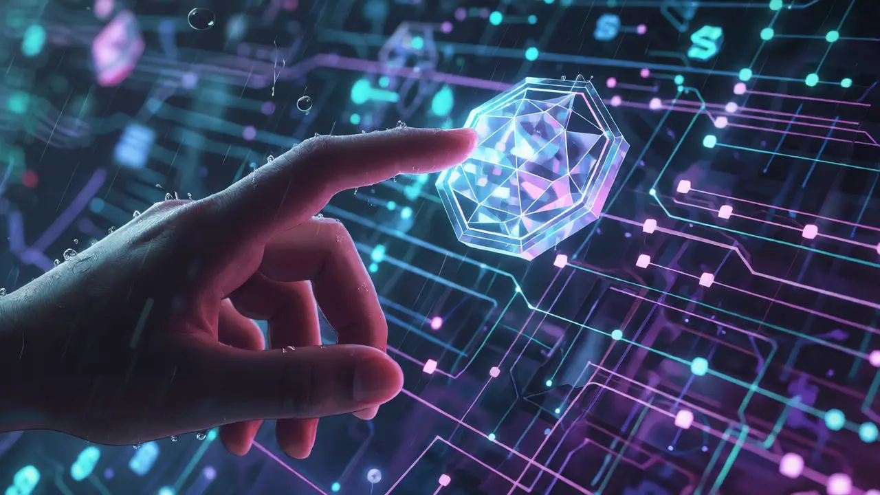 Hand touching a glowing crystalline PPCOIN token amidst digital data streams