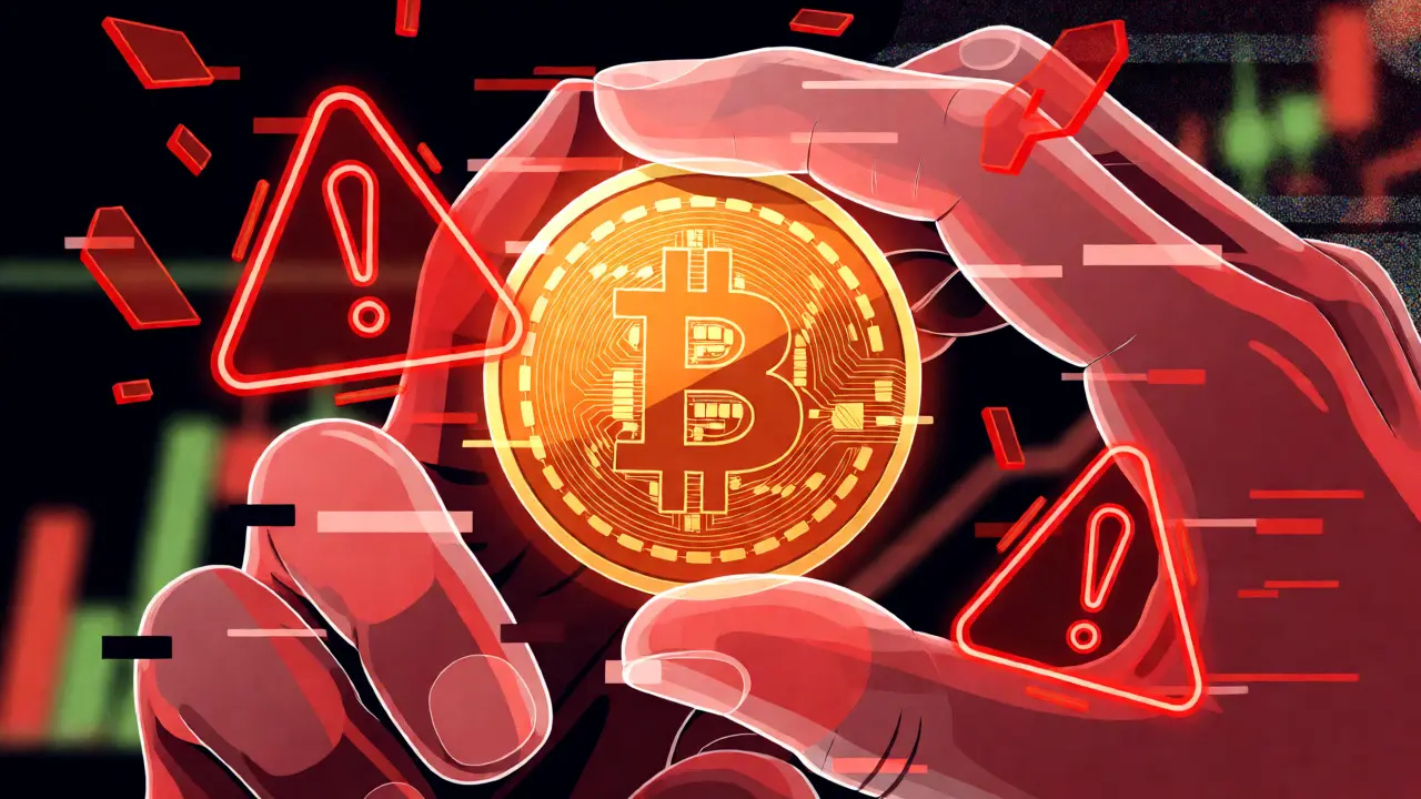 Holographic Bitcoin slipping through digital hands amidst red neon warnings of slippage and fees.