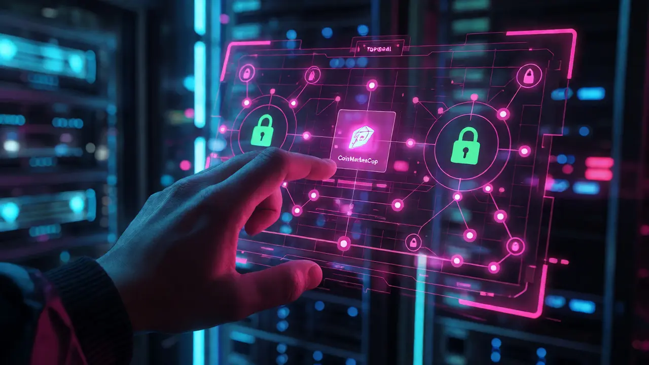 Holographic interface showing blockchain verification nodes