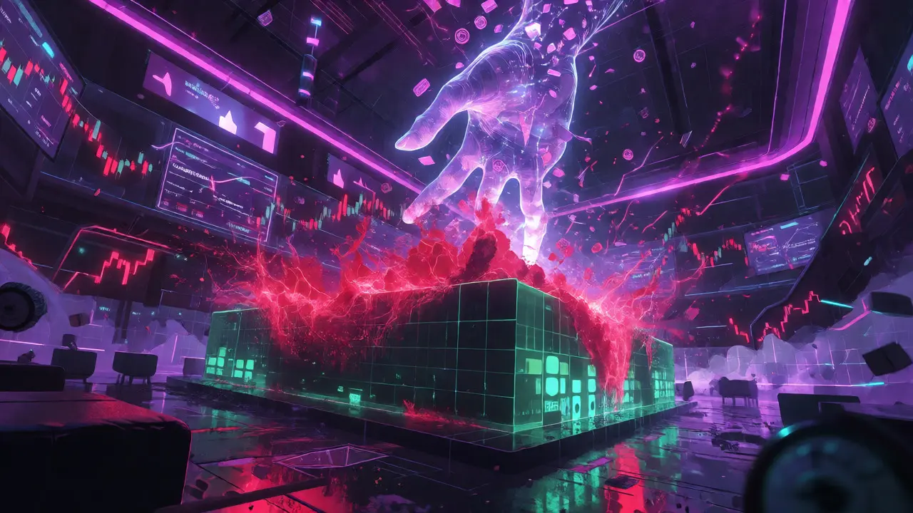 Liquidation cascade depicted as red energy waves hitting stop-loss barriers