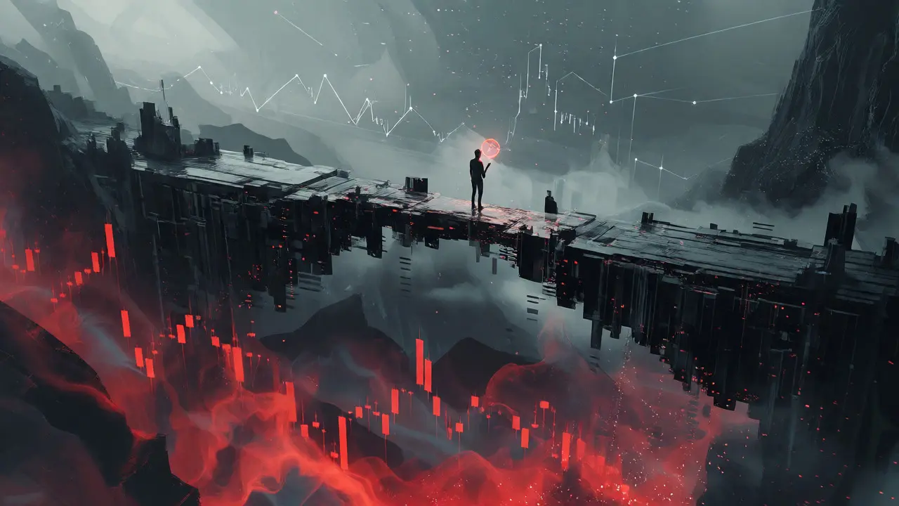Lone figure on a glitching pixel bridge over a volatile market abyss