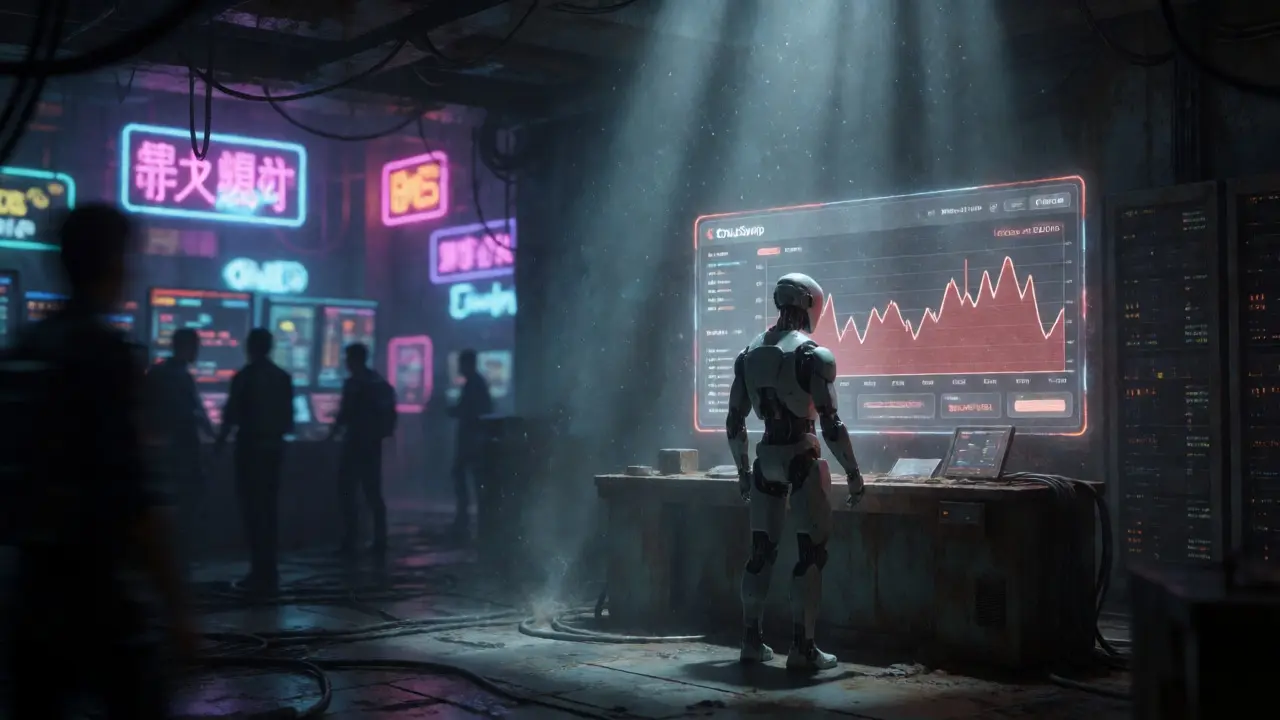 Lone robot facing a flatline graph in a decaying server room