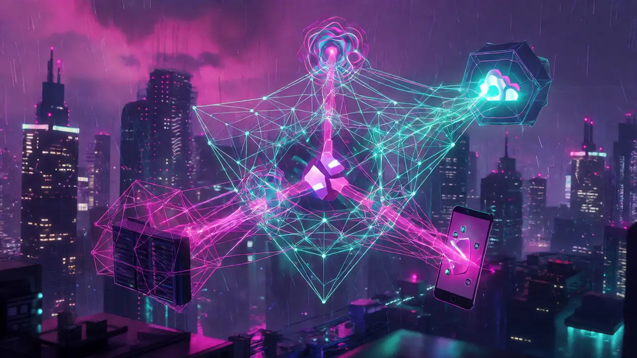 Multi-party computation splitting a private key across multiple cyberpunk network nodes.