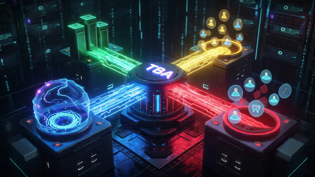 Neon energy beams illustrating the transparent distribution of TBA tokens across exchanges and users.