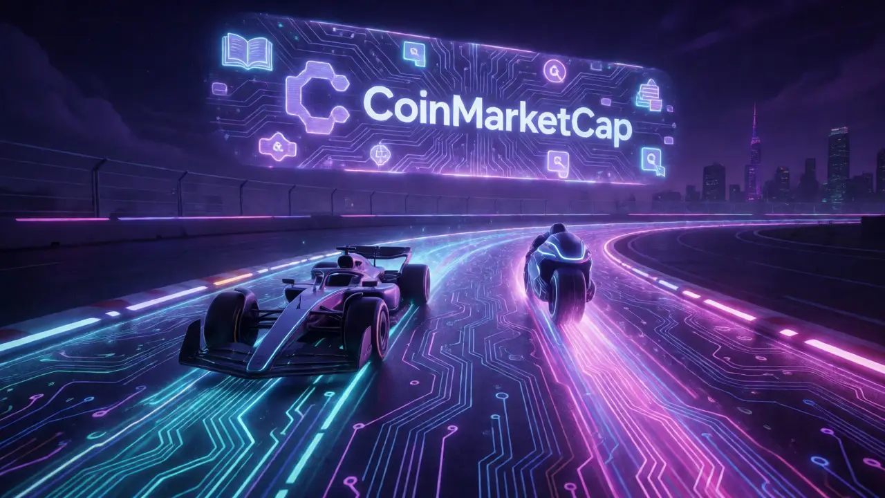 Neon-lit virtual race track with holographic CMC education symbols