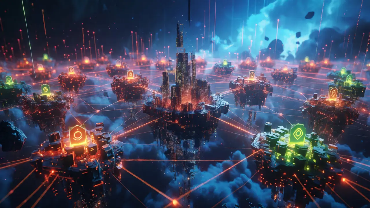 Network of glowing AI agent islands representing decentralized crypto trading