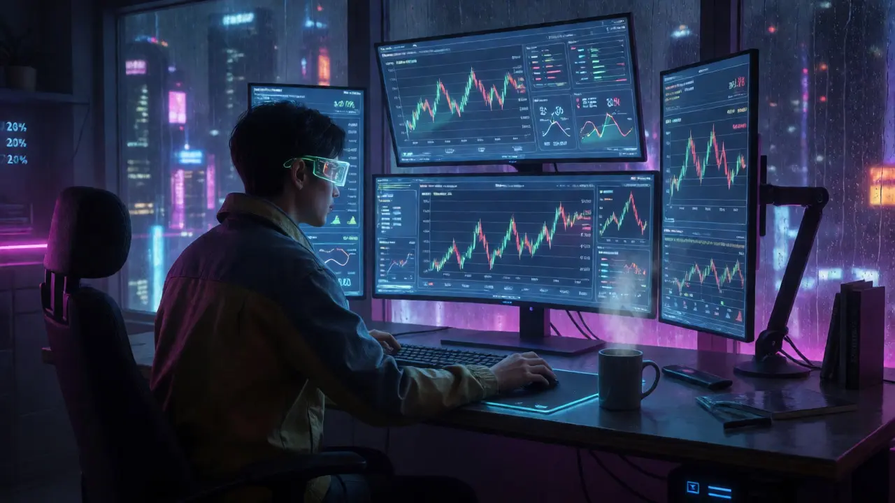 Person analyzing node rewards on curved monitors in a neon-lit cyberpunk office