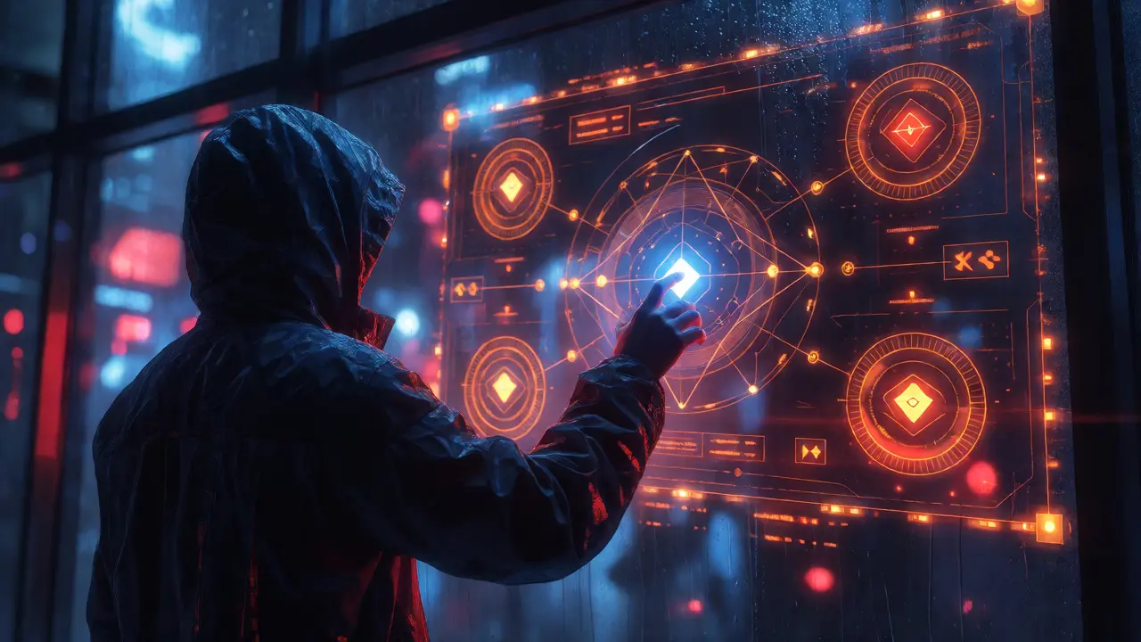 Person interacting with holographic smart contract interfaces in cyberpunk setting