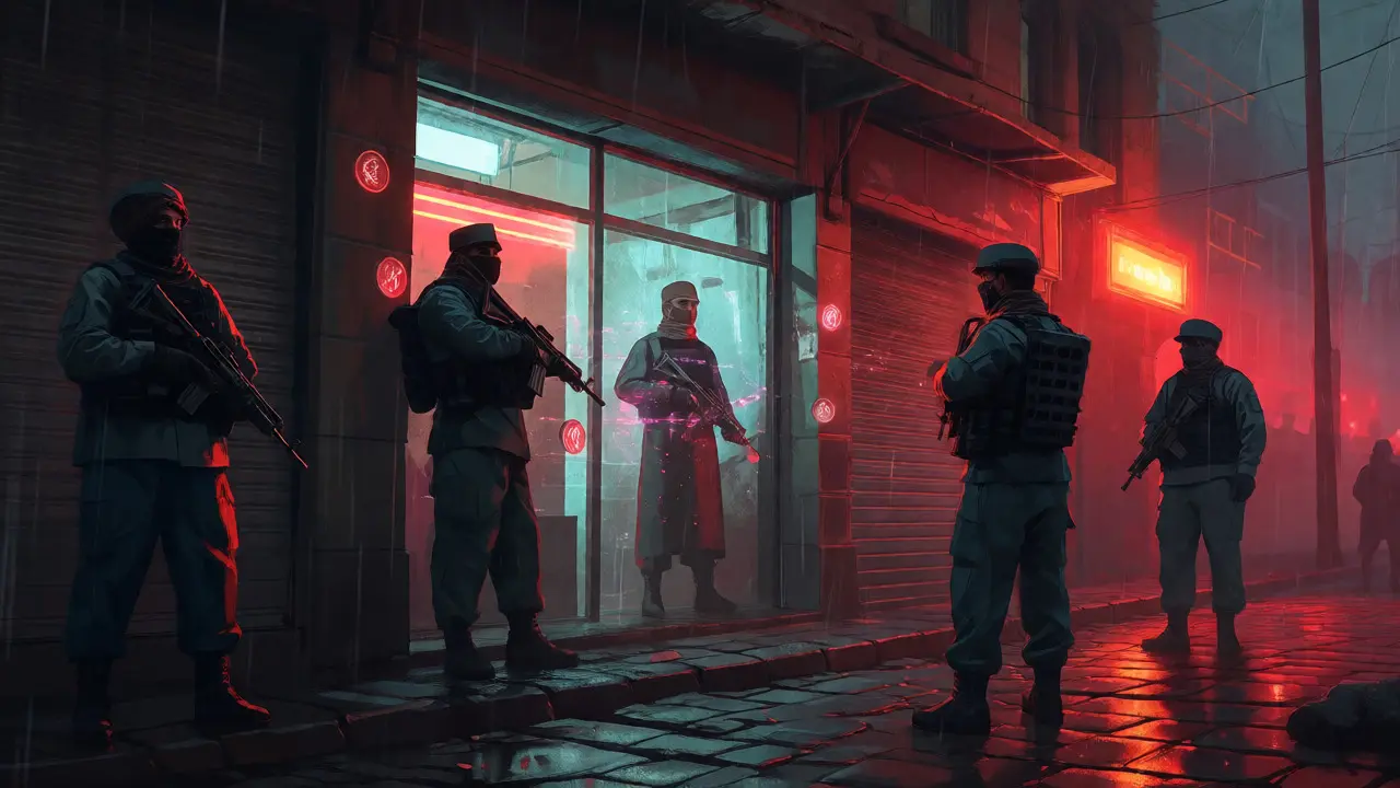 Police guarding closed crypto shops at night with fading neon digital remnants