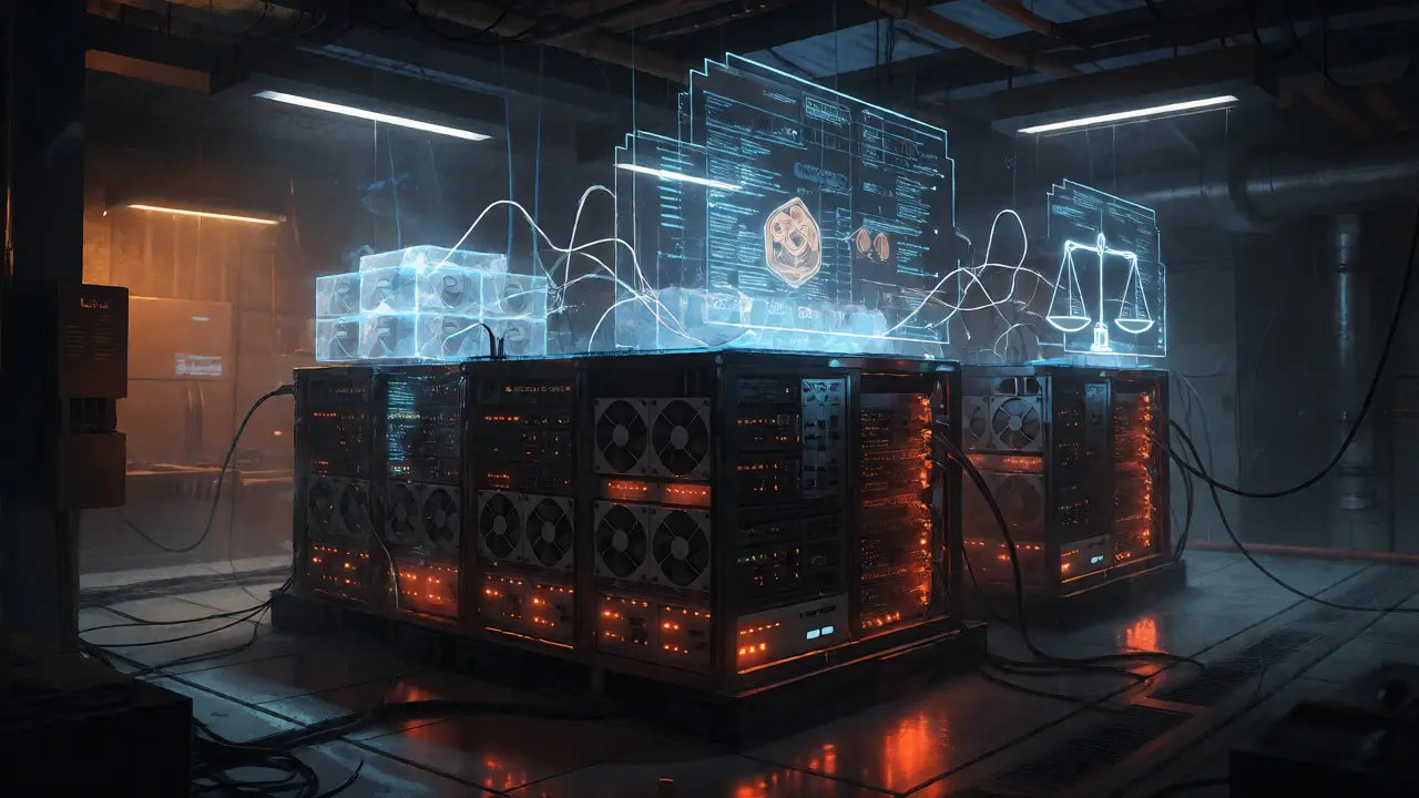 Server room with holograms depicting global crypto compliance mechanisms like cold storage.