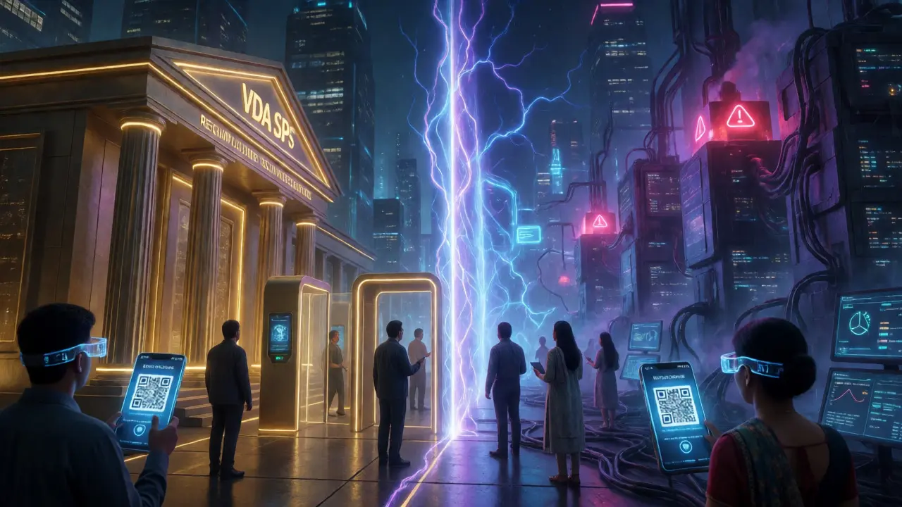 Split cyberpunk cityscape showing secure vs blocked crypto exchange zones