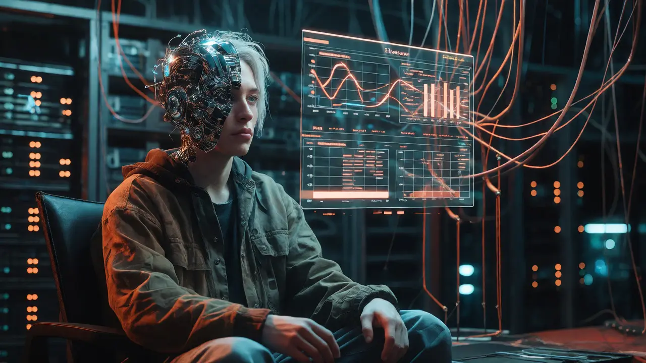Split human-AI portrait illustrating the trust gap in content creation.