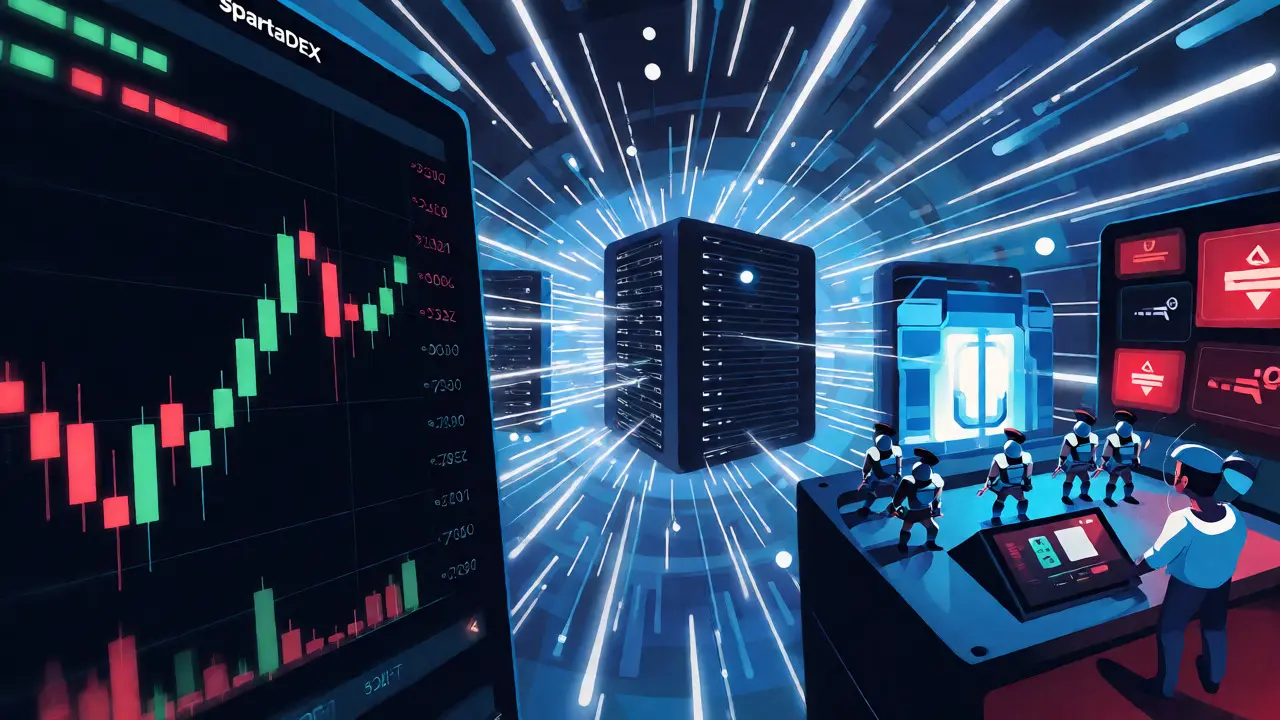 Split view of DeFi charts and robotic hoplites defending a digital vault