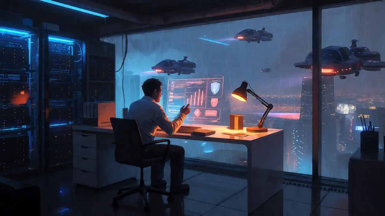 Taxpayer managing holographic compliance dashboard in office