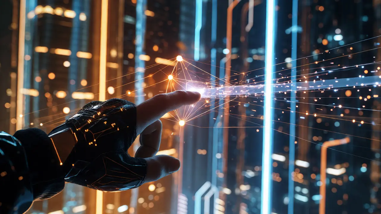 Trader interacting with holographic controls comparing slow vs fast blockchain speeds