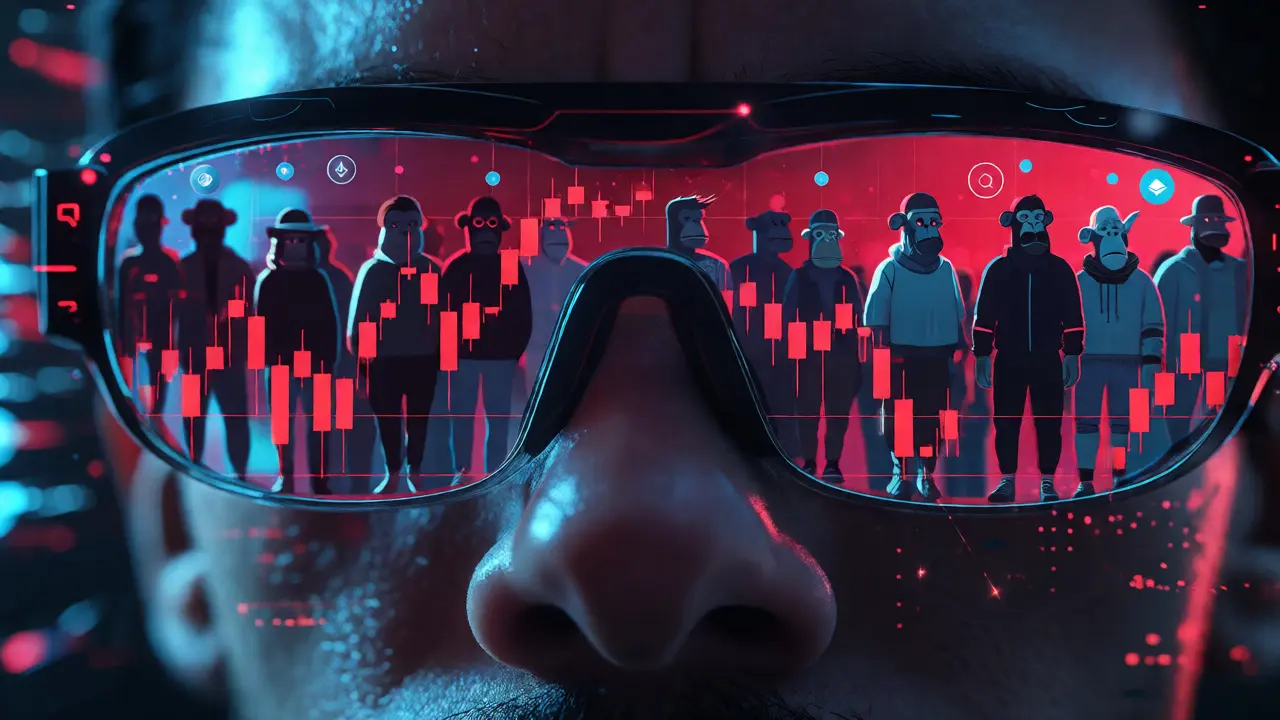 Trader wearing AR glasses reflecting volatile charts with a digital army silhouette in the background.