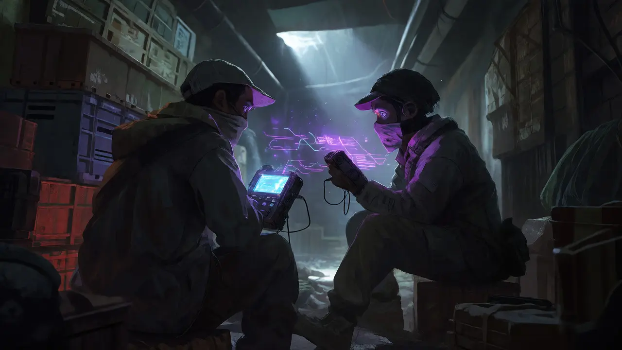 Two people conducting secret crypto trade in a dimly lit underground alley