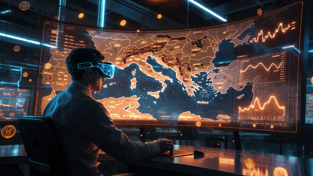 User analyzing holographic strategy map and financial data in cyberpunk setting