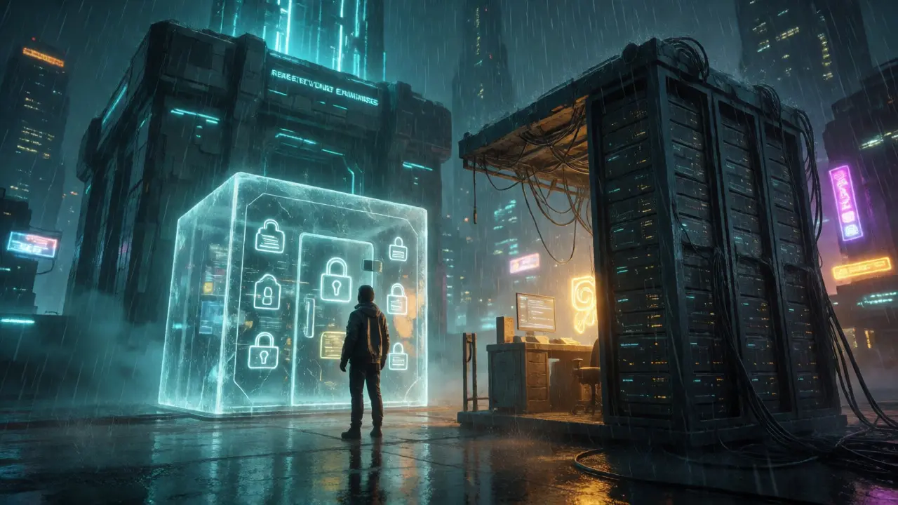 User facing a fragile glass vault of assets versus a secure fortress in a rainy cyberpunk city.